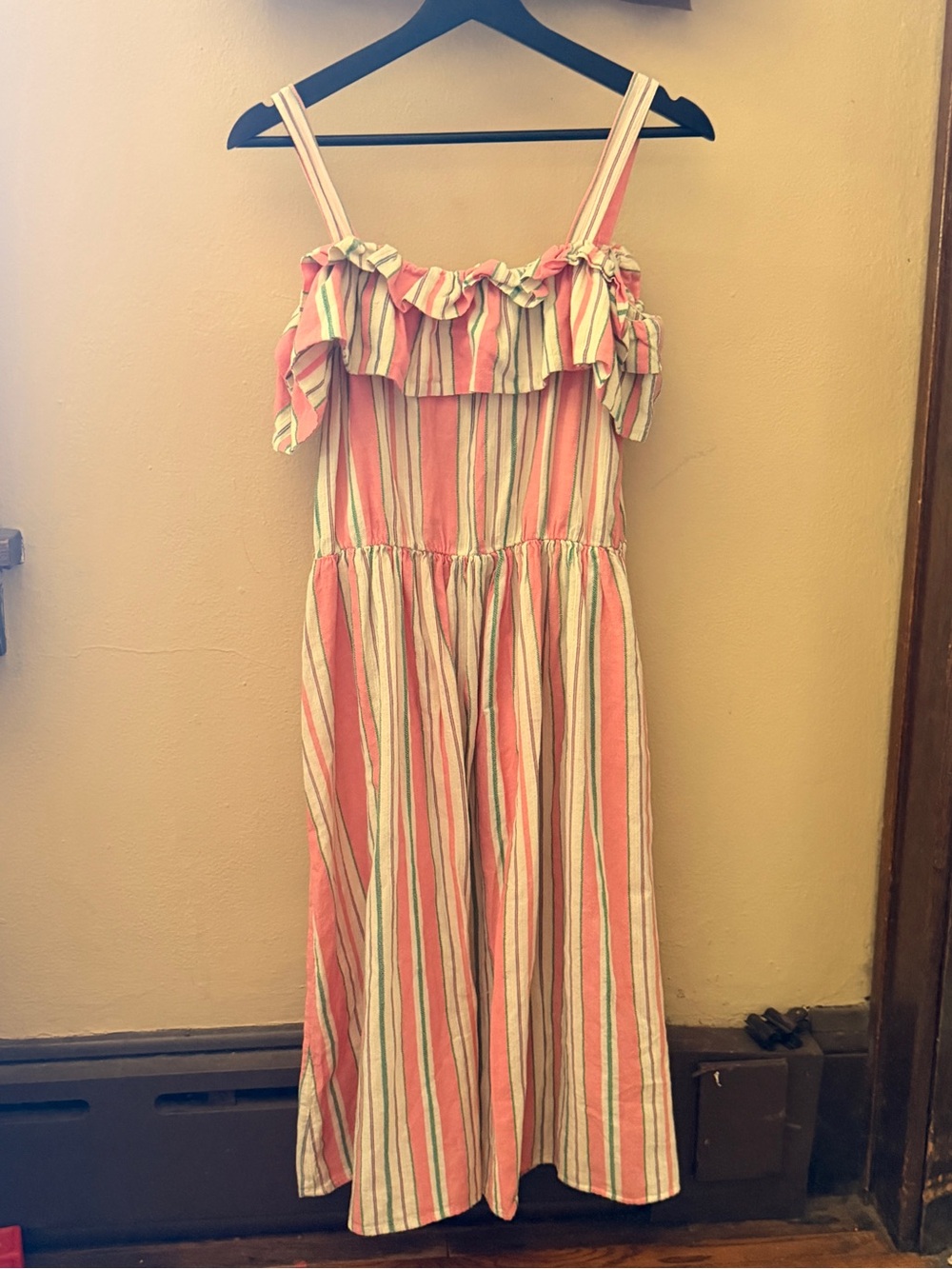 BP. Pink, Green and White Striped Ruffle Sundress